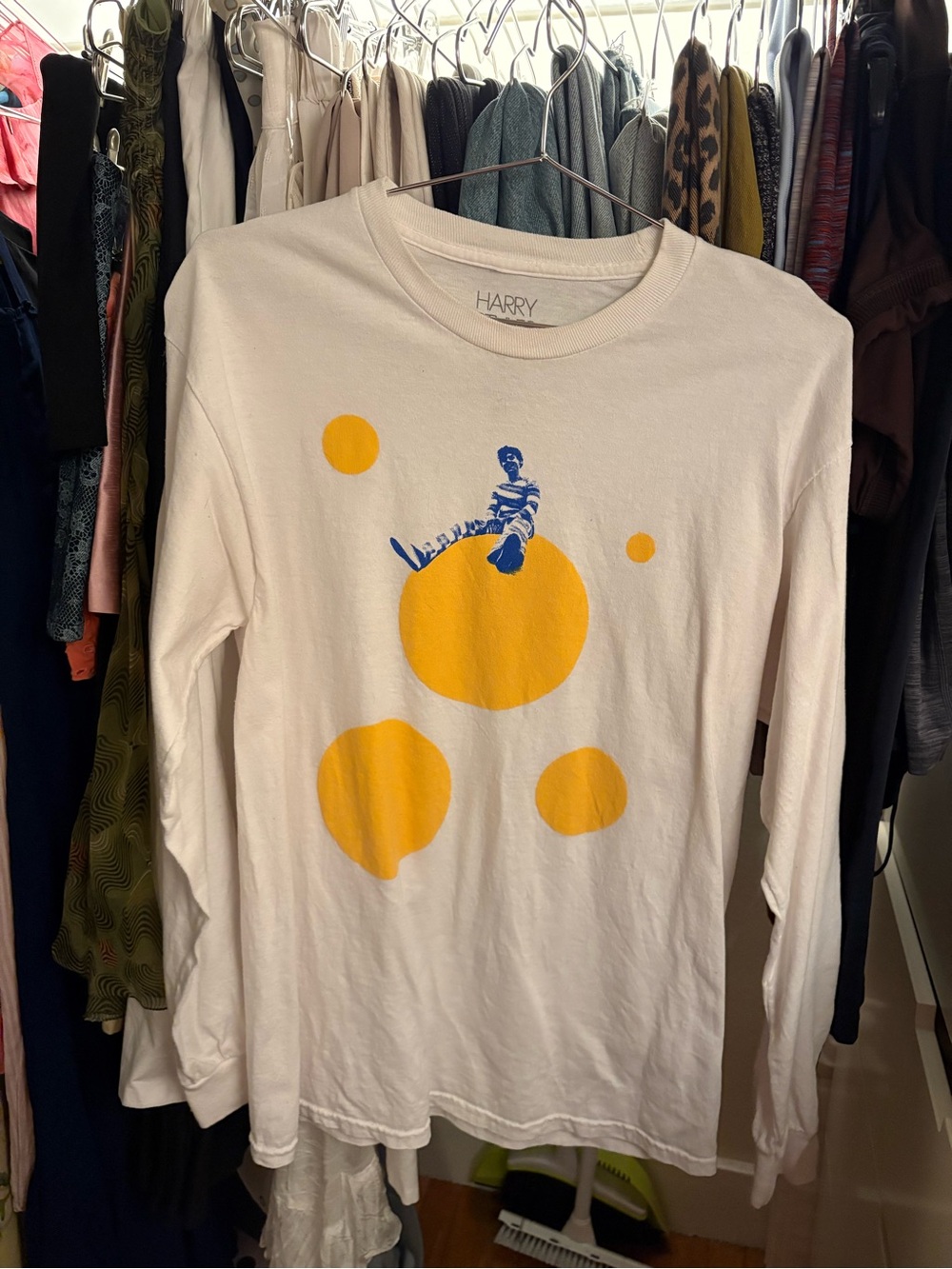 Harry Styles White Long-Sleeve Tee with Yellow Circles and Blue Graphic